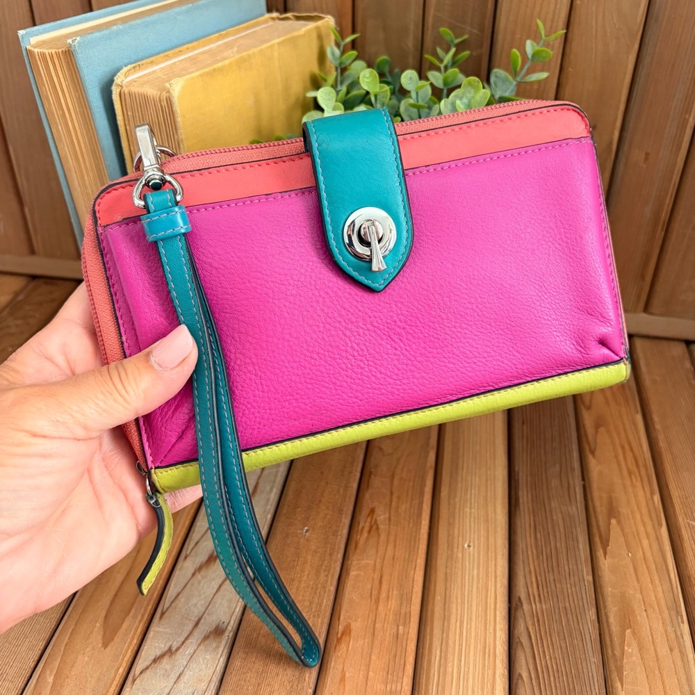 Ili New York Colorblock Leather RFID Zip Around Wallet Clutch, Neon Wristlet - Picture 3 of 9